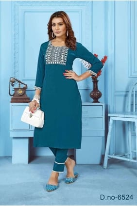 cotton teal blue straight pant suit in printed SK154169