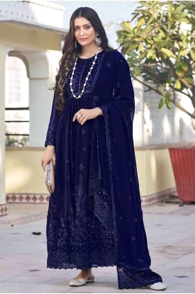 Costume Anarkali brodé en georgette bleue avec dupatta AS3894