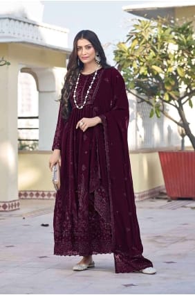 Costume Anarkali Georgette Marron Brodé AS3897