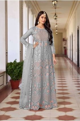 Costume Anarkali brodé gris en filet AS3898