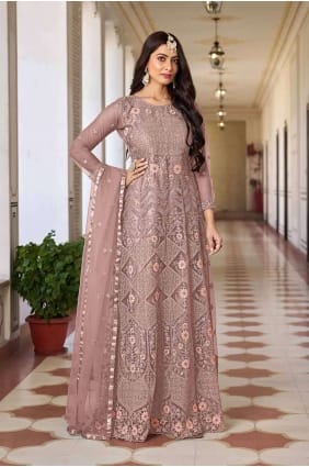Costume Anarkali brodé en filet pêche avec dupatta AS3899