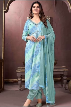 Costume pantalon droit en rayonne bleu ciel avec Dupatta SK154180