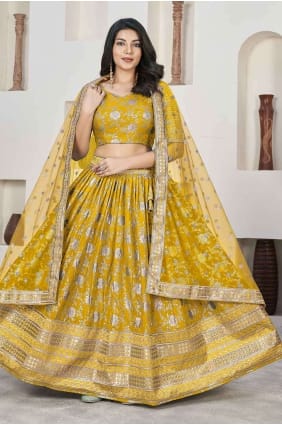 Lehenga Choli Jacquard avec broderie jaune LC7815
