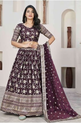 Lehenga Choli brodé jacquard en vin LC7816