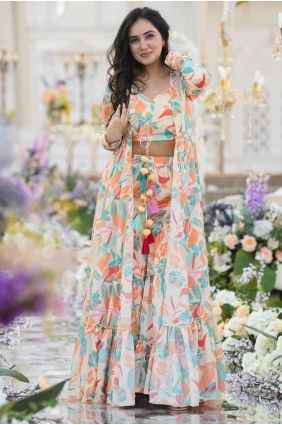 Costume Anarkali en mousseline de soie blanc avec impression numérique SK154691