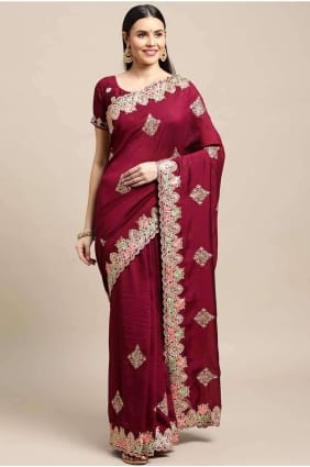Sari violet satiné avec broderie SR26893