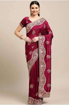 Saree Satin avec Brodé en Violet SR26895