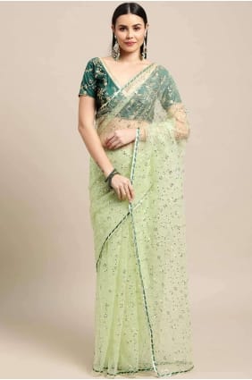 sari vert avec satin brodé SR26896