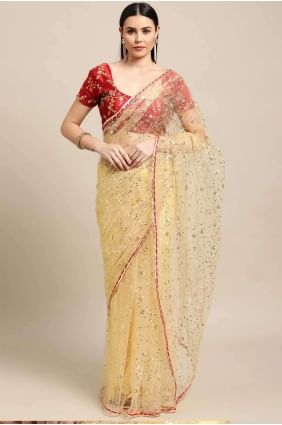 Saree Satin Crème avec Brodé SR26897