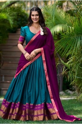 Teal lehenga choli avec tissage en coton poly LC7955