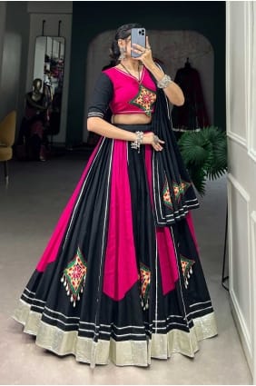 miroir coton rose-noir lehenga choli avec dupatta LC7964