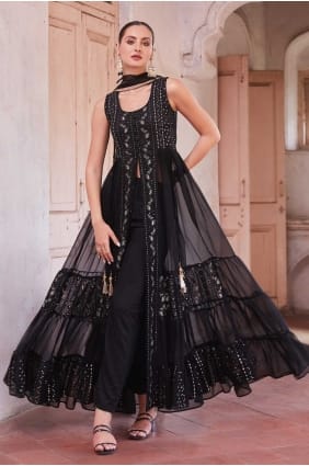 Salwar Kameez noir brodé en georgette SK154564