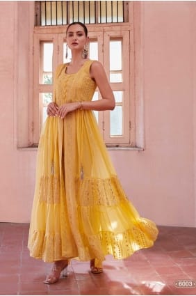 salwar kameez en georgette brodée jaune SK154566