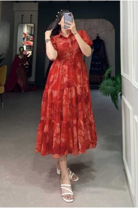 Robe-robe imprimée en georgette marron avec dupatta GW0954