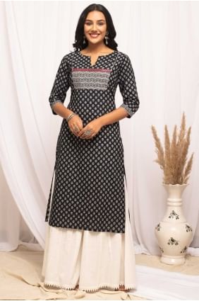 Printed Cotton Black Palazzo Suit with Dupatta SK154577