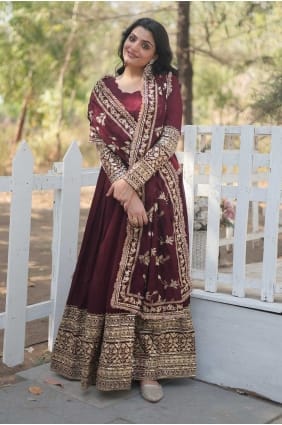 Robe-robe marroon foncé brodée scintillante avec dupatta GW0956
