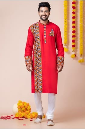 rayonne brodée rouge hommes kurta KURR24