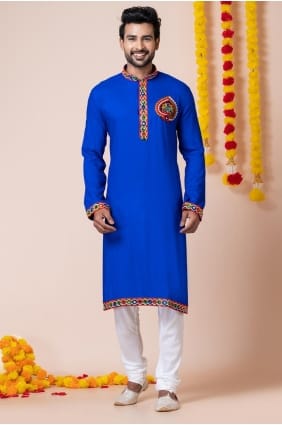 kurta bleu en rayonne pour homme avec broderie KURR27