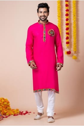 Kurta homme rose brodé en rayonne KURR29