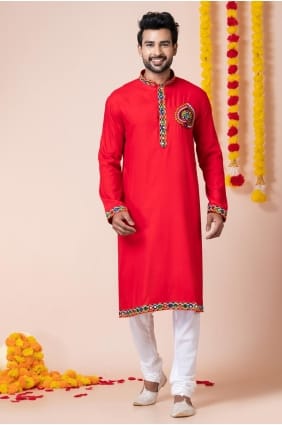 kurta en rayonne brodé pour homme en rouge avec dupatta KURR34