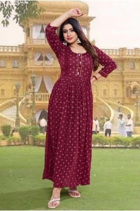 kurti bordeaux vif en rayonne avec impression numérique KTI2530