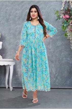 kurti en rayonne avec imprimé numérique en bleu ciel KTI2534