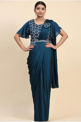 sari bleu brodé en satin avec chemisier SR27497