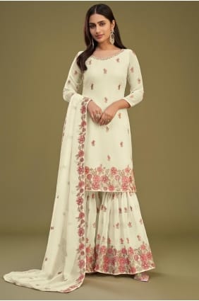 Costume sharara en georgette brodée en pista avec dupatta SS1187