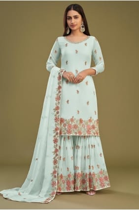costume sharara en georgette brodée bleu ciel SS1189