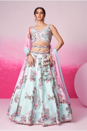 Lehenga Choli brodé en soie bleu turquoise LC7986