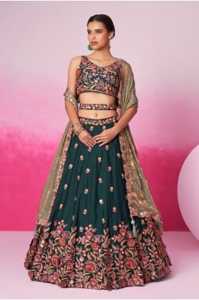 Mousseline de soie brodée verte Lehenga Choli LC7991