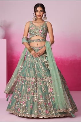 choli lehenga brodé vert de mer en filet LC7994