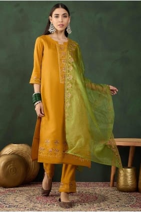 Salwar Kameez brodé en mousseline moutarde SK154601