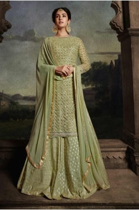 Costume palazzo en filet brodé vert Mahendi avec dupatta PZ4048