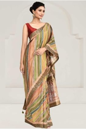 sari vert brodé en soie tussar SR27511