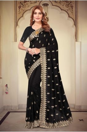 sari en bemberg noir avec broderie SR27513