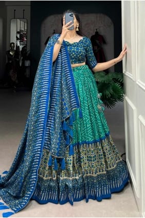 Imprimé soie bleu-cassé vert lehenga choli avec dupatta LC8001