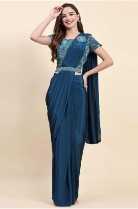 sari en satin bleu avec broderie SR27520