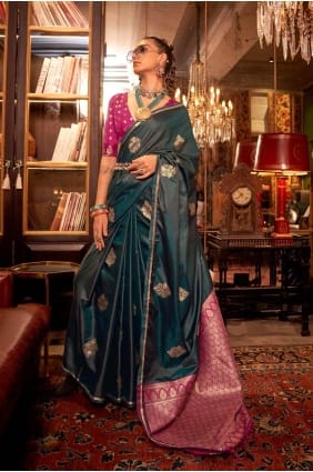 Saris en satin vert foncé brodé avec chemisier SR27529