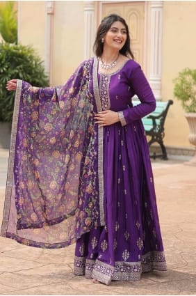 robe violette en mousseline brodée GW0972