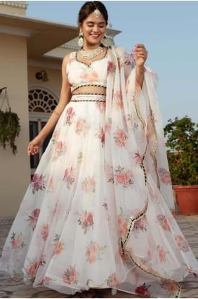 Lehenga Choli blanc en organza imprimé LC8005