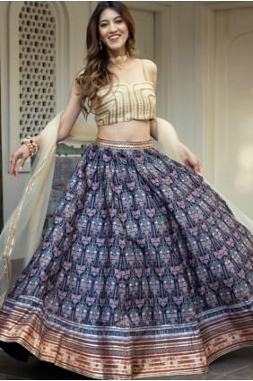 Lehenga Choli en soie d’art bleue avec impression numérique LC8006