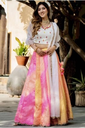 Impression numérique en soie d’art multicolore Lehenga Choli avec dupatta LC8008