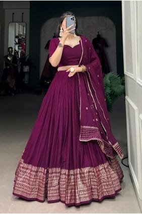 lehenga choli en chanderi vin avec tissage LC8013