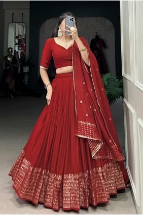 choli lehenga chanderi en rouge avec tissage LC8014