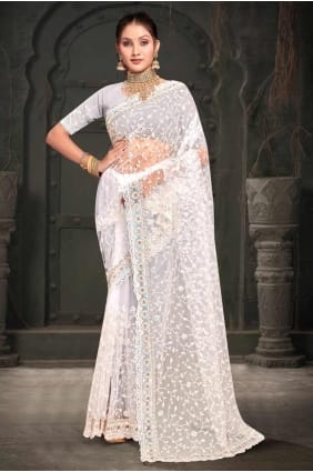 sari en résille avec broderie en blanc SR27553