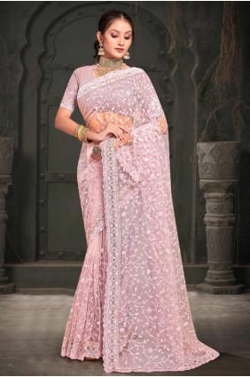 sari en filet rose avec broderie SR27557