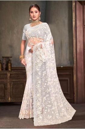 sari en filet avec broderie en blanc SR27558