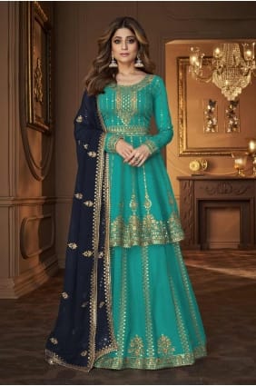 Lehenga choli brodé en georgette turquoise avec dupatta LC8015