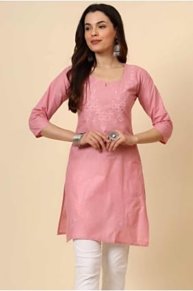 kurti en coton avec broderie en rose opaque KTI2544